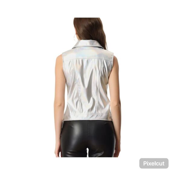 Allegra K XS Faux Leather Lopel Moto Biker Sleeveless Vest - Picture 2 of 9